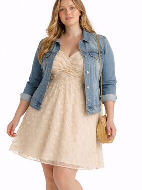 NWT Cream Rosette Appliqué Mini Dress Plus Size | Pleated Bodice A-Line 3X